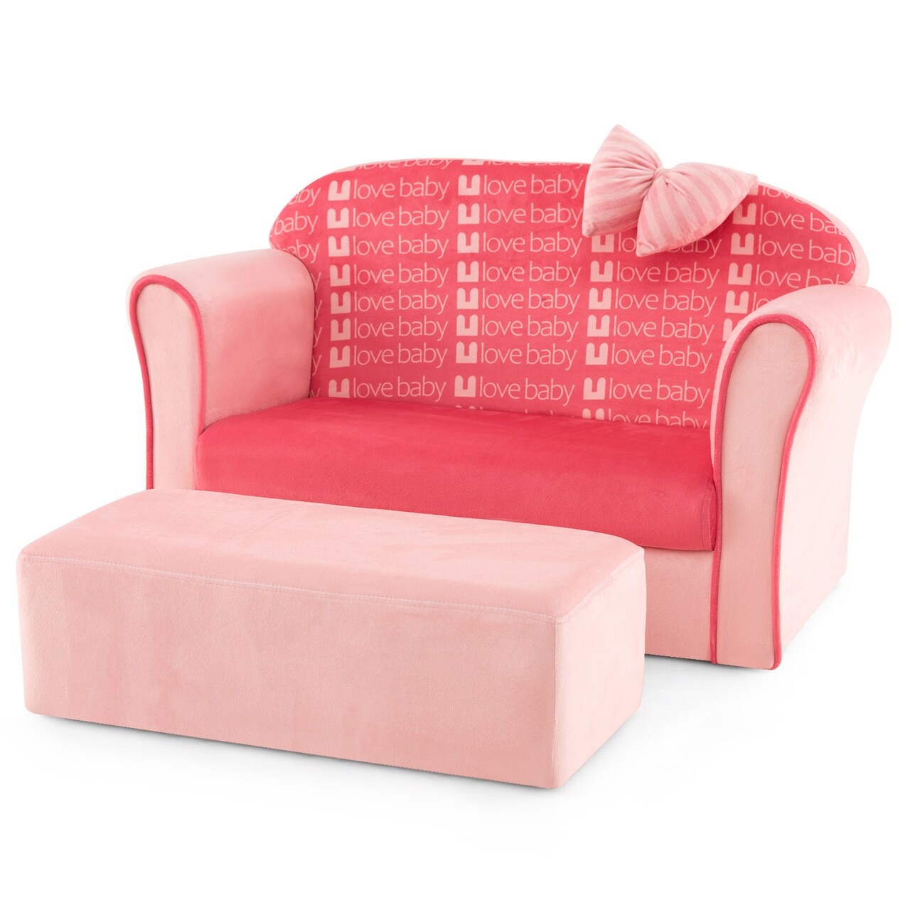 Pink Velvet Kids Sofa Chair Couch with Ottoman Set and Backrest for Bedroom or Playroom